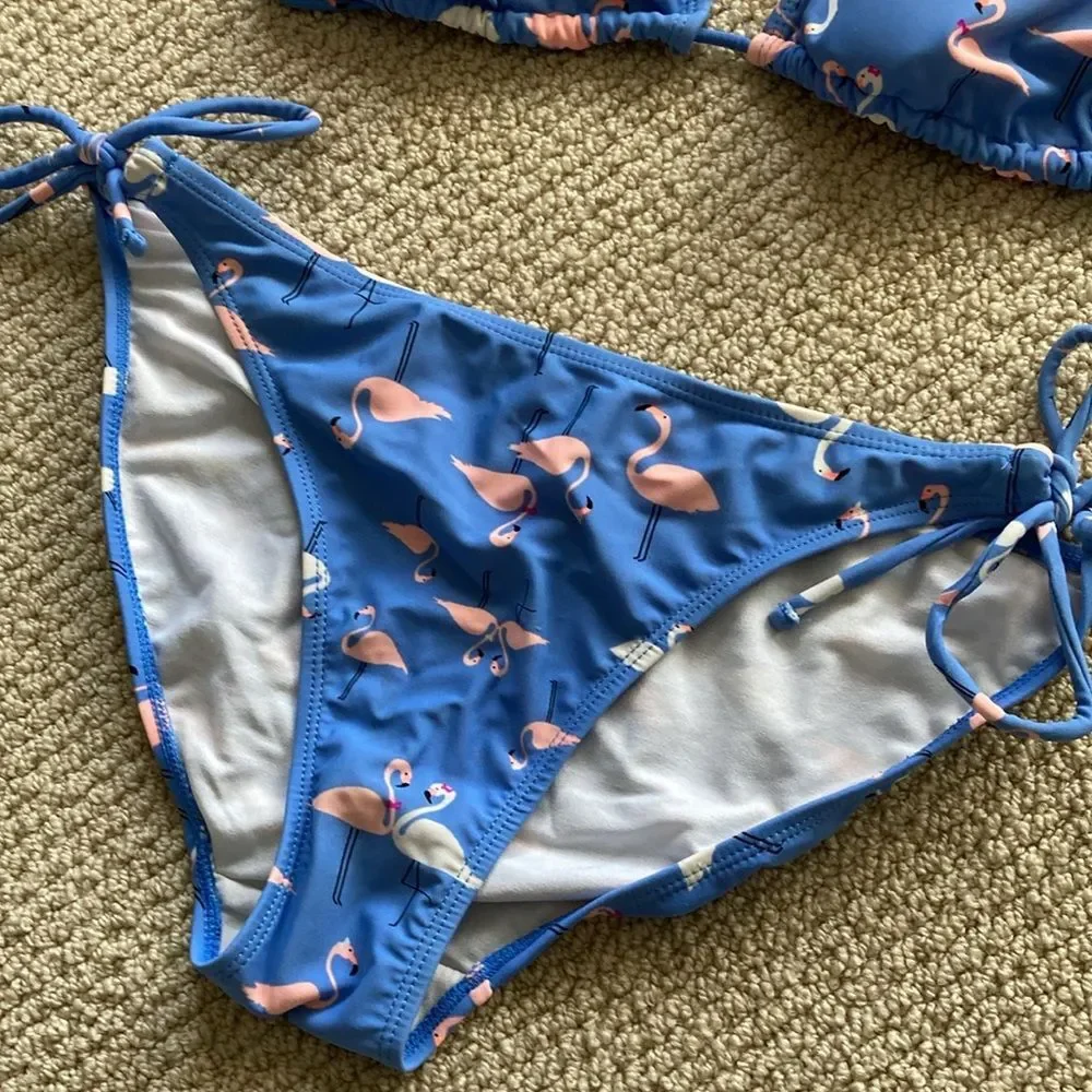 OP Girls Flamingo Bikini Set Triangle Adjustable Straps Blue Pink Size Large EUC